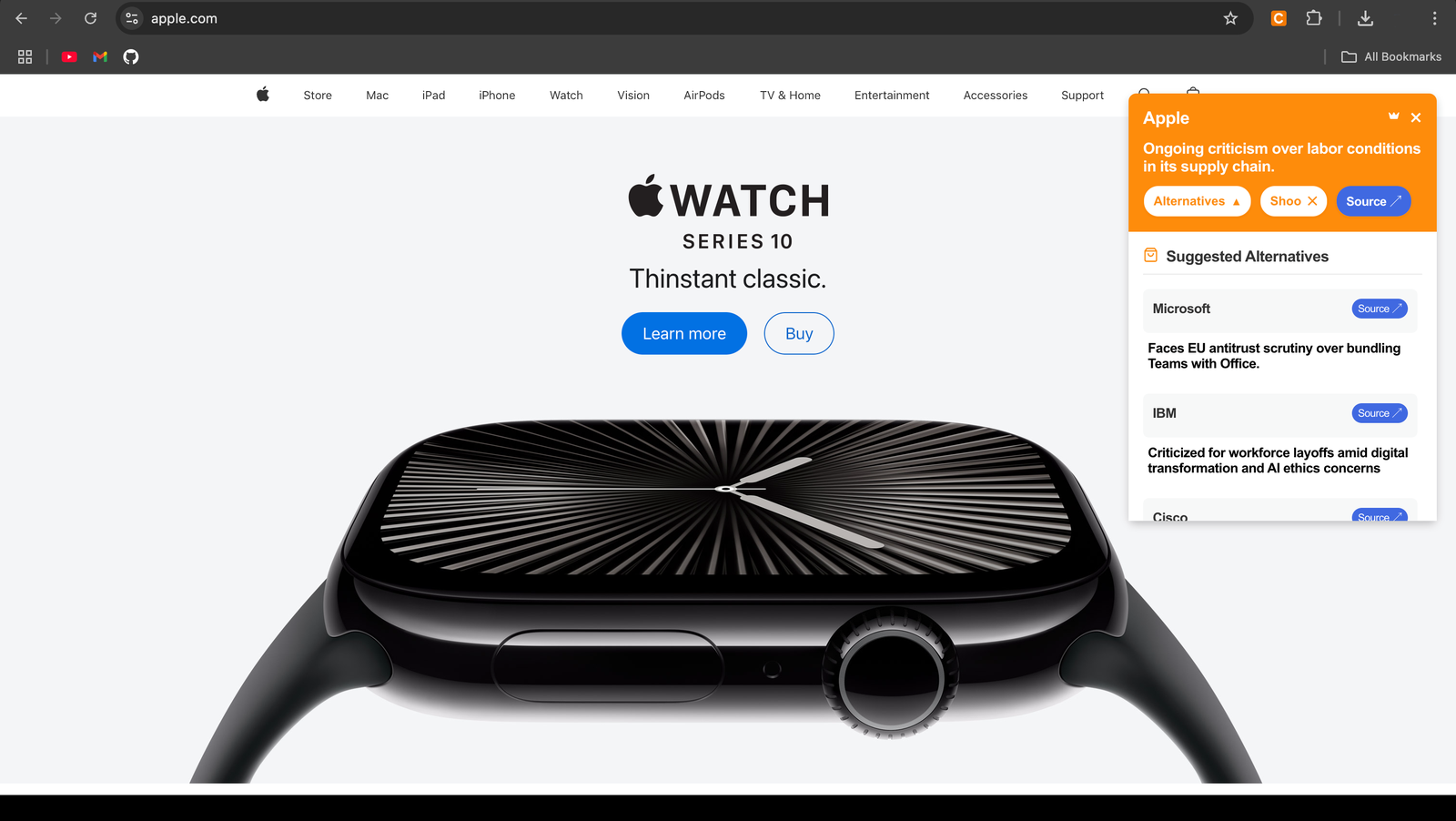 Choice showing source-linked findings and alternatives on a shopping page