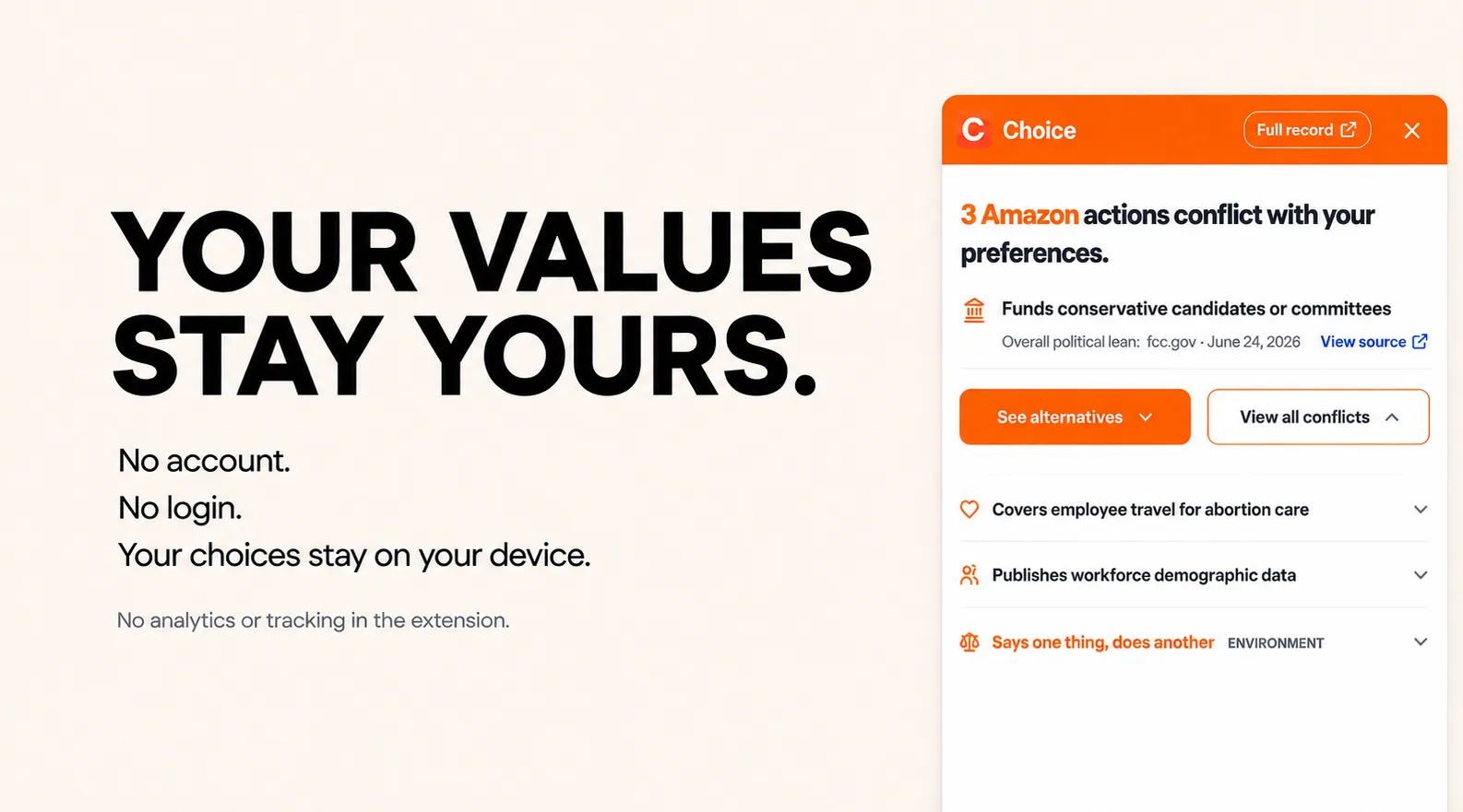 Choice needs no account and no login, and keeps a reader's choices on their own device